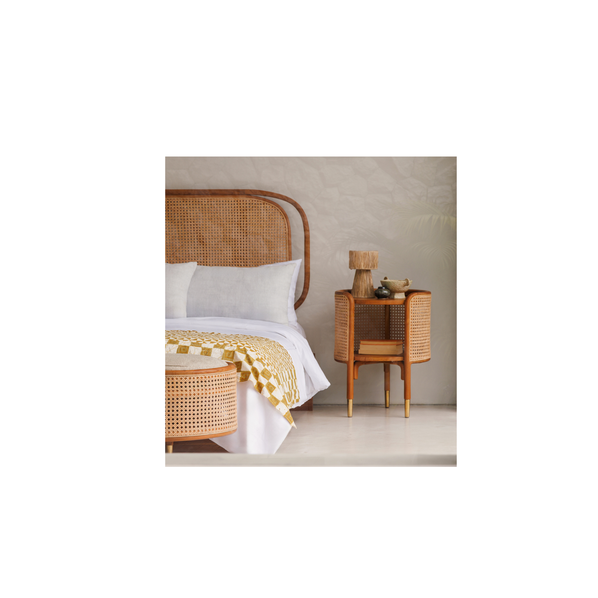 Latana Bed Side | Teak Timber and natural rattan with brass caps