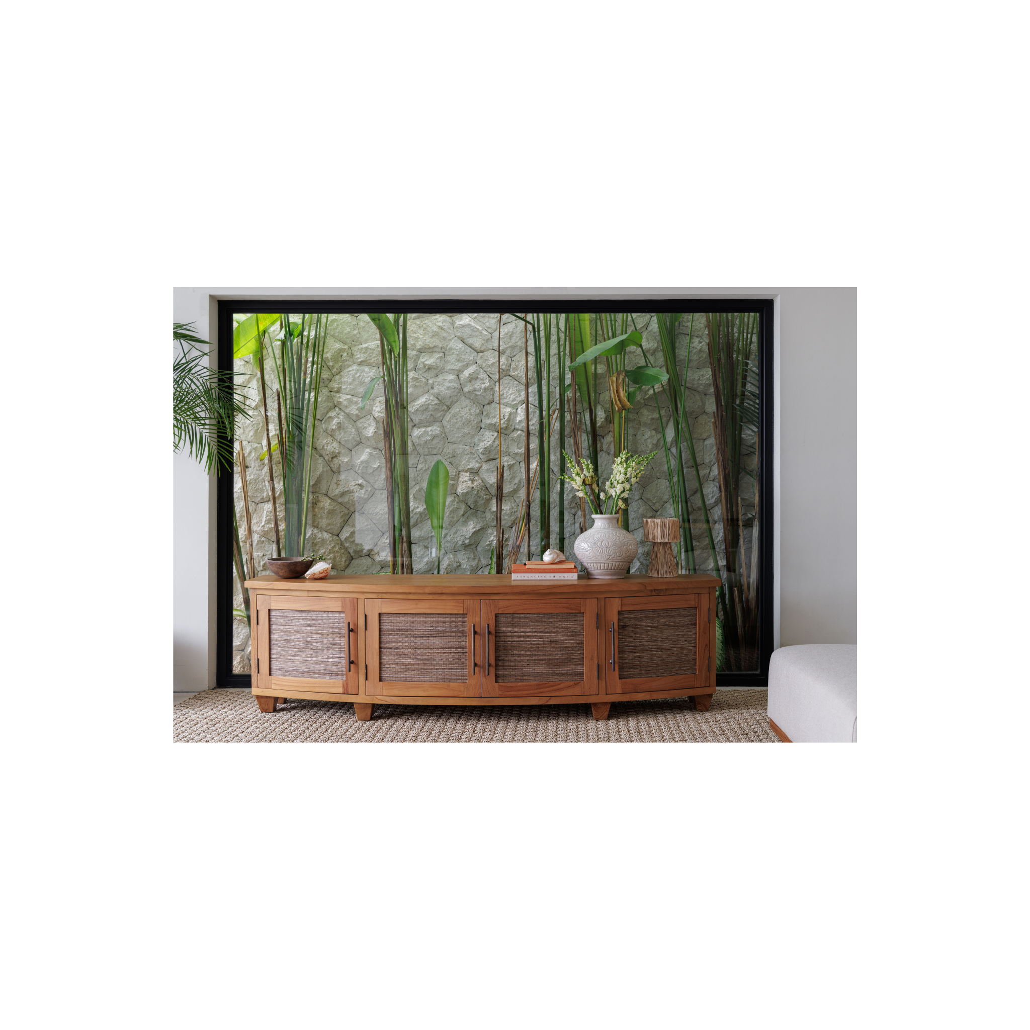 Samrong TV Unit | Solid Teak Timber & Rattan Inlays