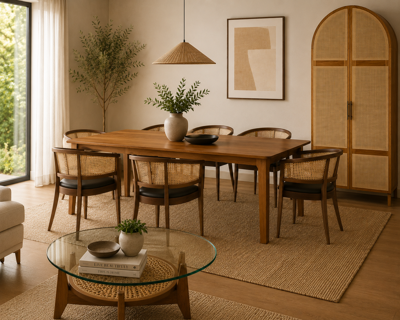 Dallas Tall Cabinet , 2 rattan inlay doors and 2 drawers | Solid Teak Frame