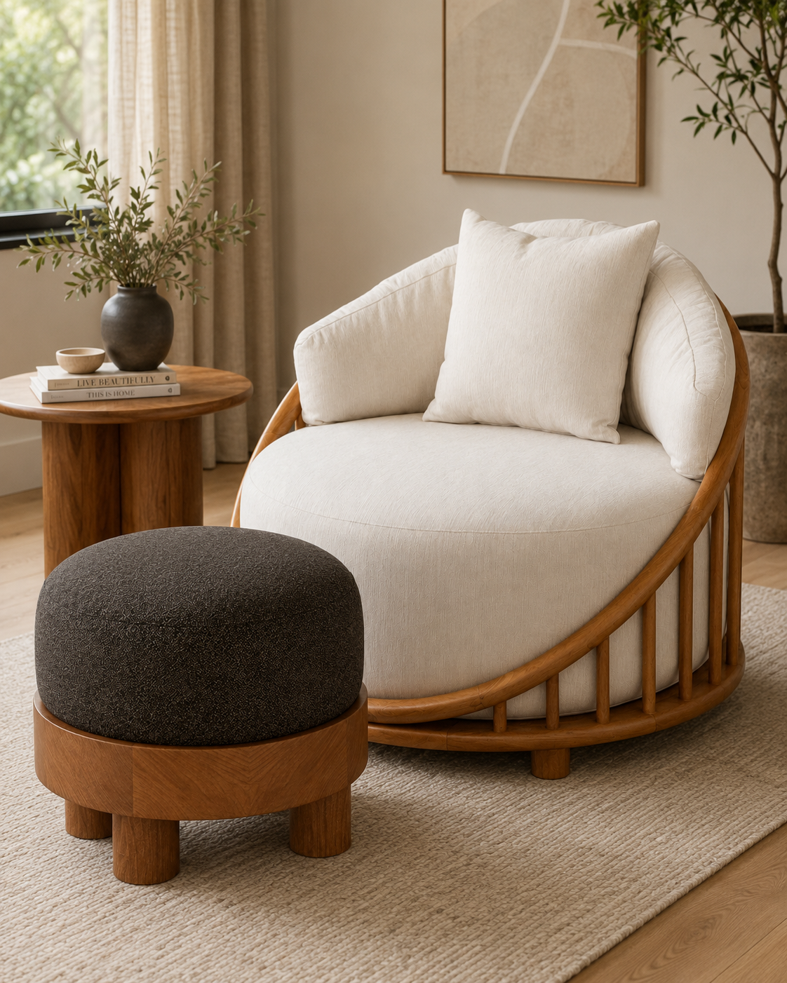 Jaz Ottoman | Solid Teak Timber, fabric padded seat