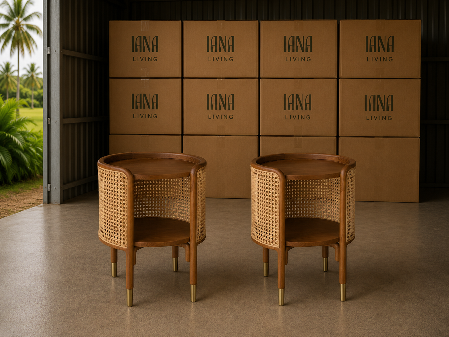 Latana Bed Side | Teak Timber and natural rattan with brass caps