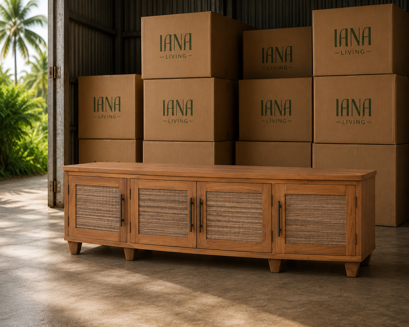 Samrong TV Unit | Solid Teak Timber & Rattan Inlays