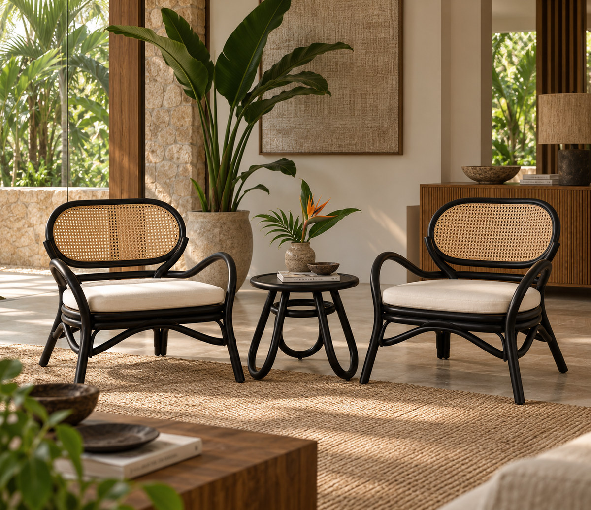 Venice Armchair | Solid Black Rattan Chair with Fabric Cushion