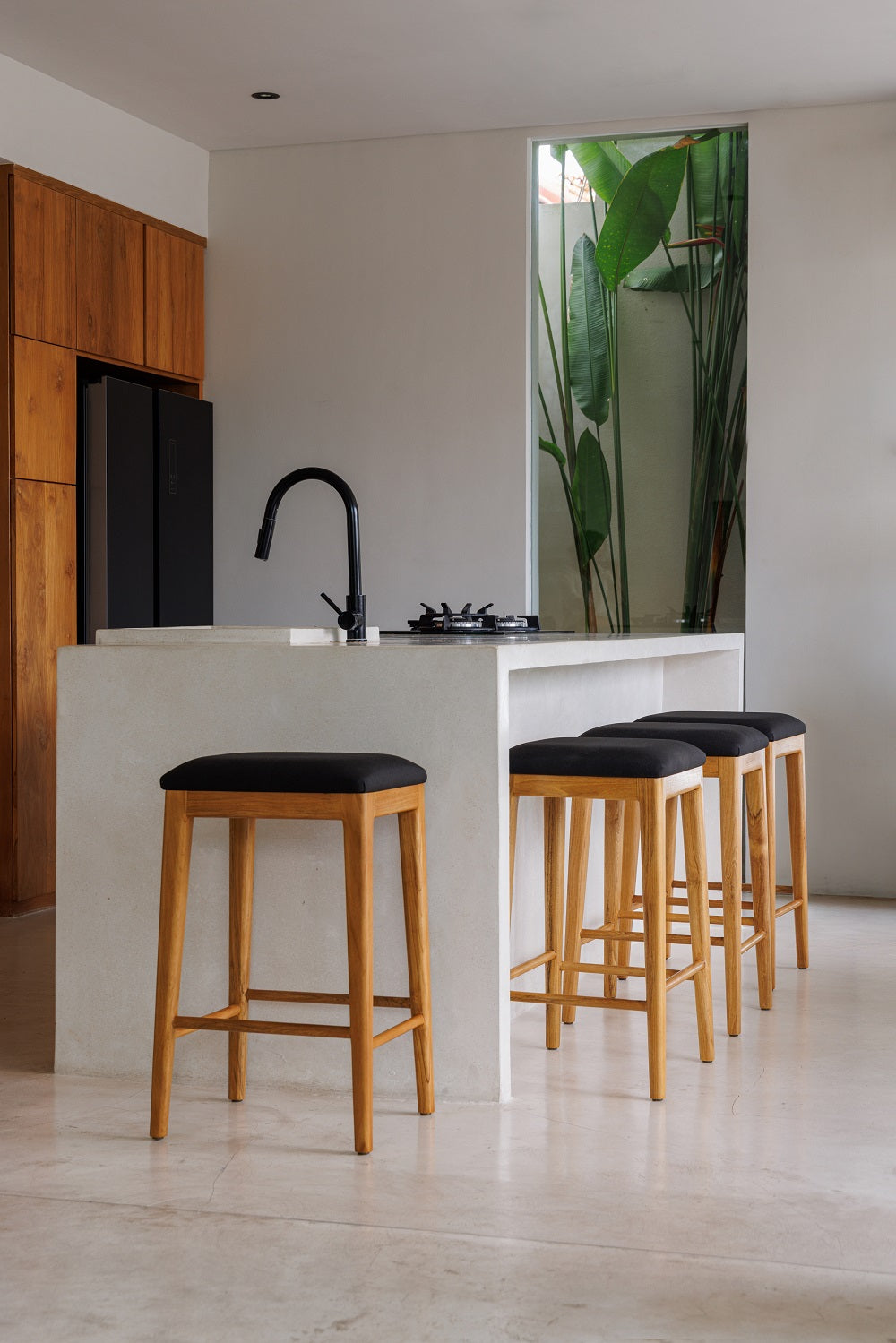 Gambler Stool | Solid Teak Timber, Black fabric padded seat
