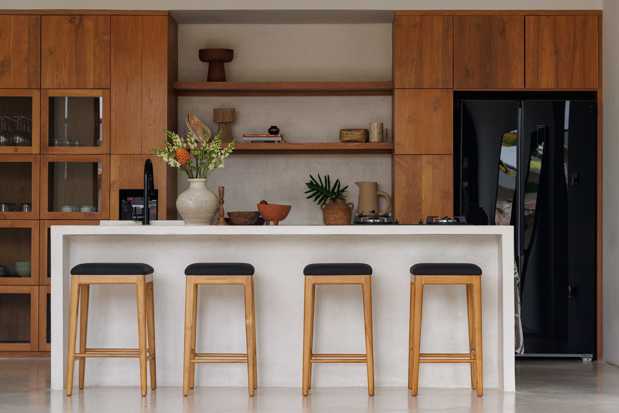 Gambler Stool | Solid Teak Timber, Black fabric padded seat